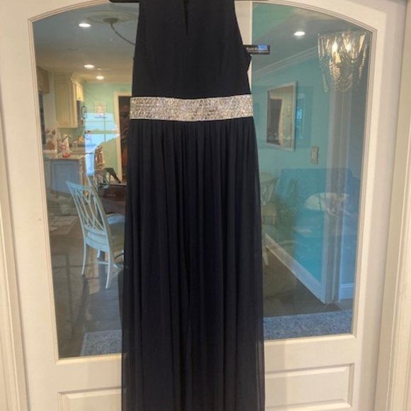 NAVY JUMPSUIT DRESS - R & M Richards Gorgeous Rhinestone Belt and Sheer Dress - Picture 4 of 7